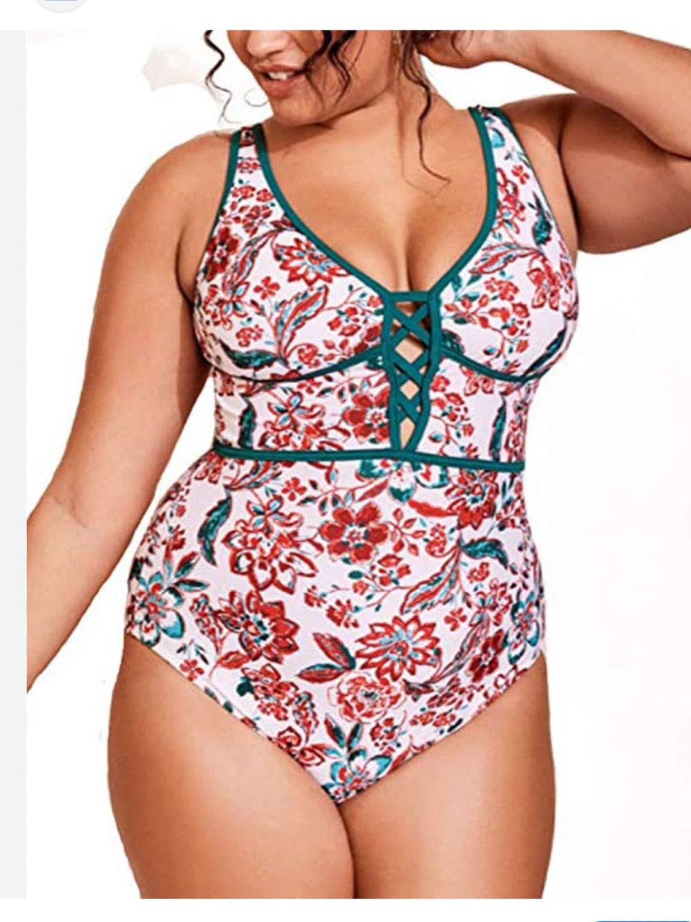 Red Floral One-Piece Swimsuit with Teal Trim
